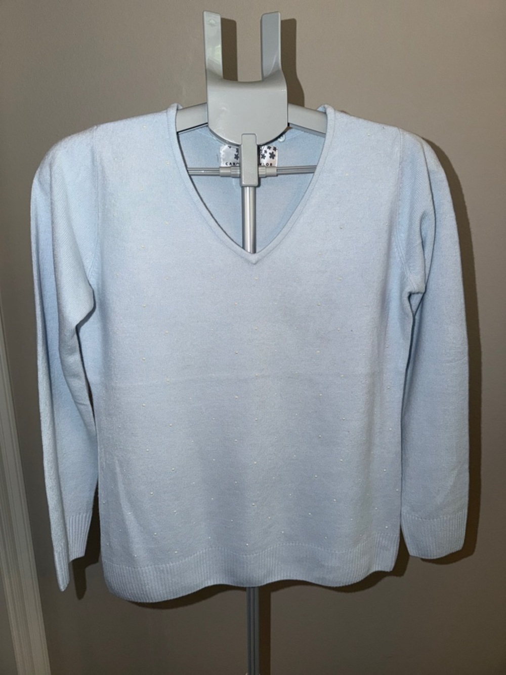 Carolyn Taylor Light Blue V-Neck Pearl Dots Sweater